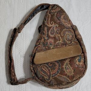 L.L. Bean Ameri Bag Vintage Paisley Tapestry Sling Bag Carpet Brown Leather